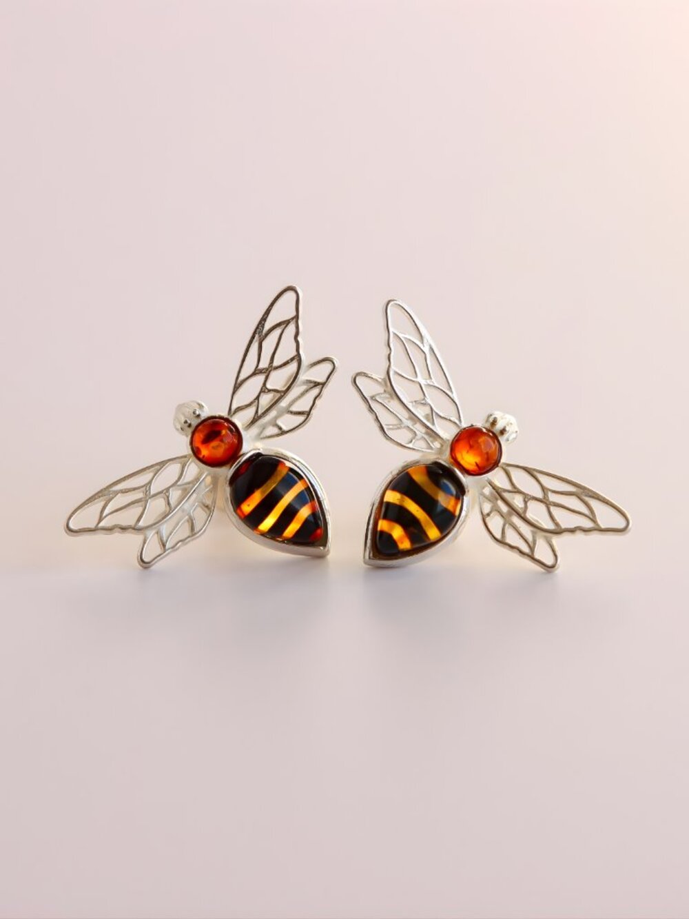 Baltic Amber Bee Earrings in Sterling Silver